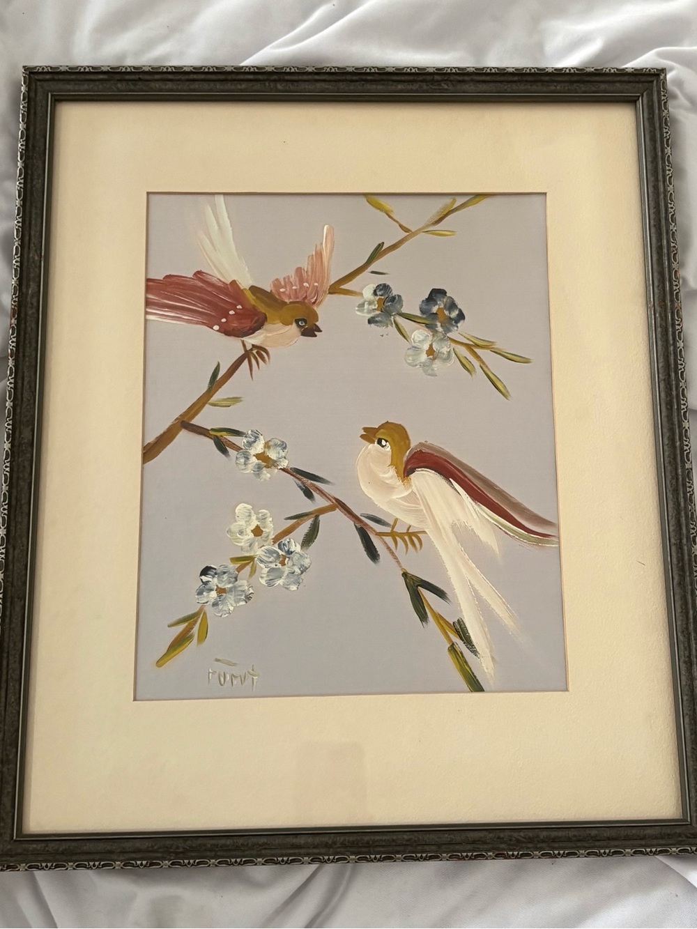 Vintage painted oriental bird artwork original framed wall hanging home decor
